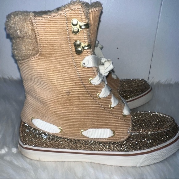Sprerry Top Sider Acklins Tan Corduroy Gold Glitter Lace Up Boots 7 - Picture 9 of 14